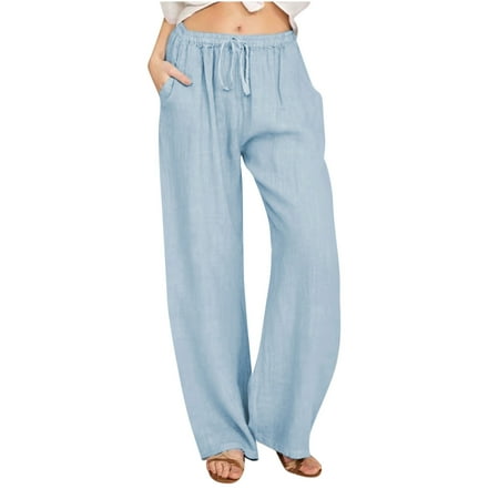

Women s Cotton Linen Long Lounge Pants High Waist Drawstring Loose Fit Casual Trousers with Pockets