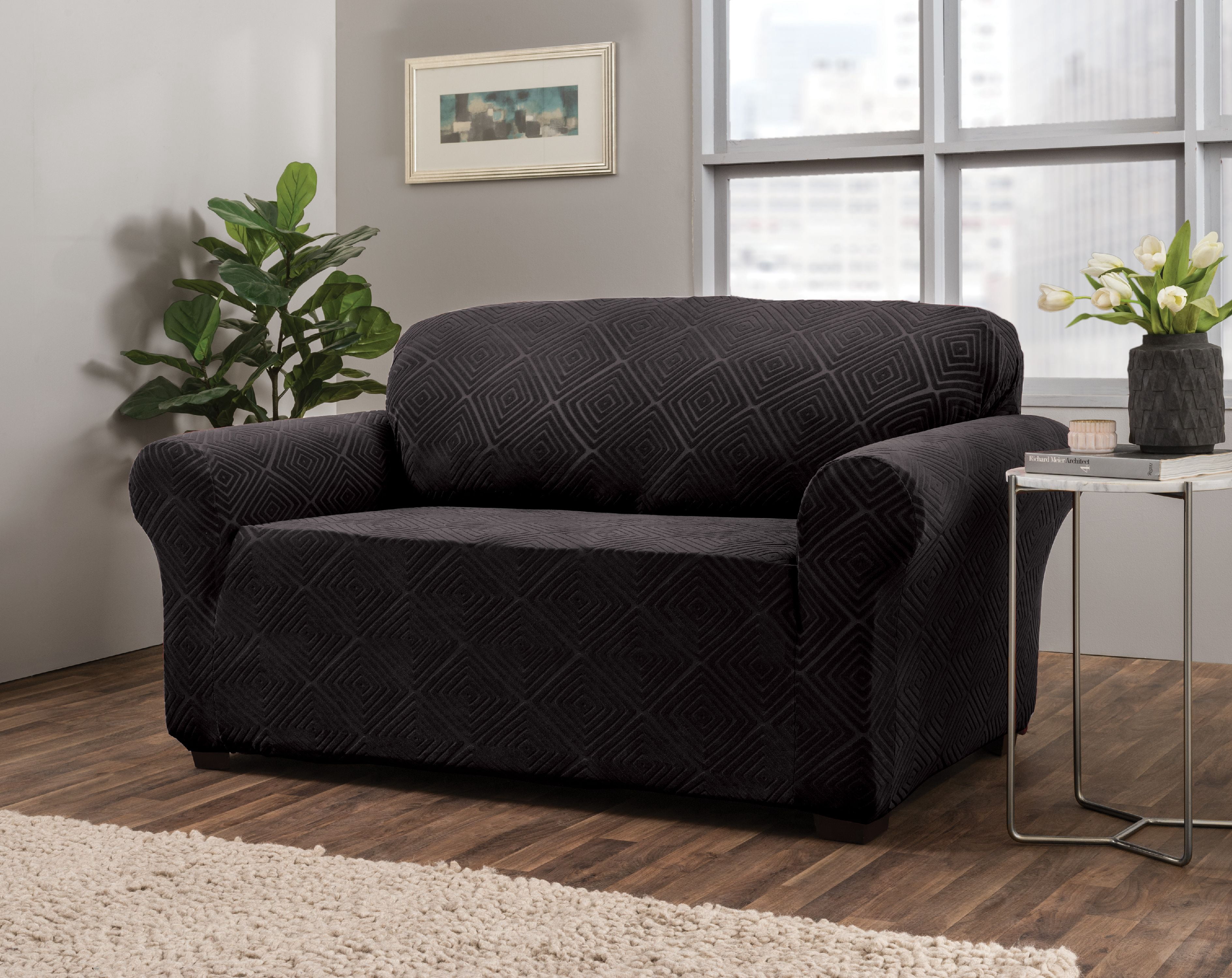 Stretch Sensations 1-Piece Stretch Shapely Diamond Loveseat Slipcover, Black