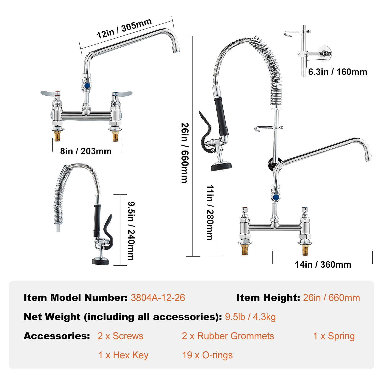 Commercial Kitchen Faucet 26 Inch Height 8 Inch Center 12 Inch Swing Spout Deck Mount Brass Pull Down Spray Pre Rinse for 1 2 3 Compartment Sink