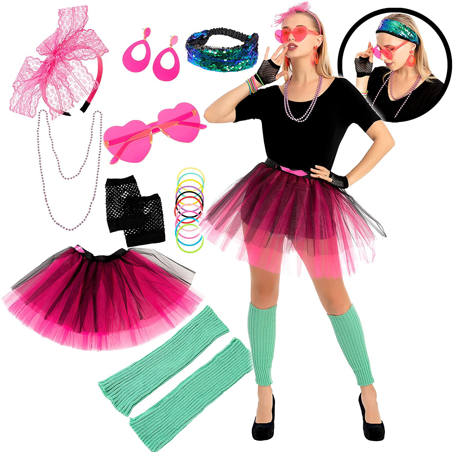 9 Pcs 80s Costume Accessories Set with Tutu Skirt Headband Glasses Necklace and Other Accessories for Halloween Cosplay Party