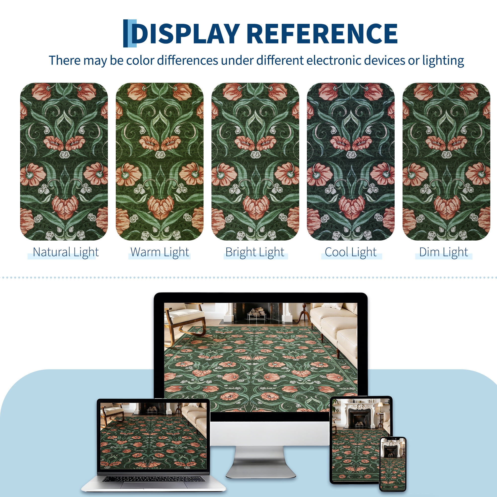 Memoryfield Modern Floral Area Rug 6' x 9', Washable Floor Cover, Soft Low-Pile Non-Slip Carpet, for Living Room Bedroom Dining Room, Dark Green