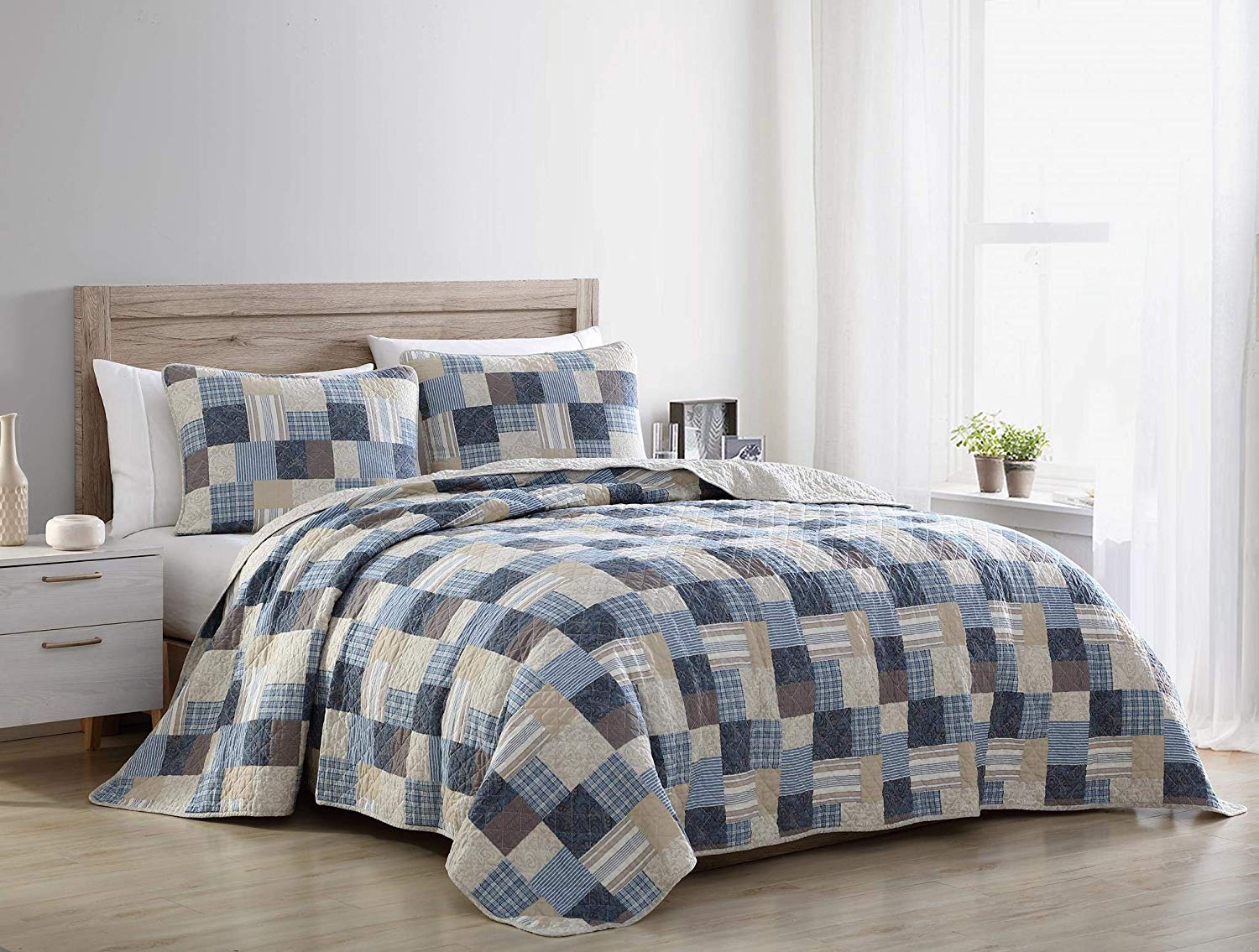 Chezmoi Collection Douglas 3Piece Plaid Patchwork Cotton Quilt Set