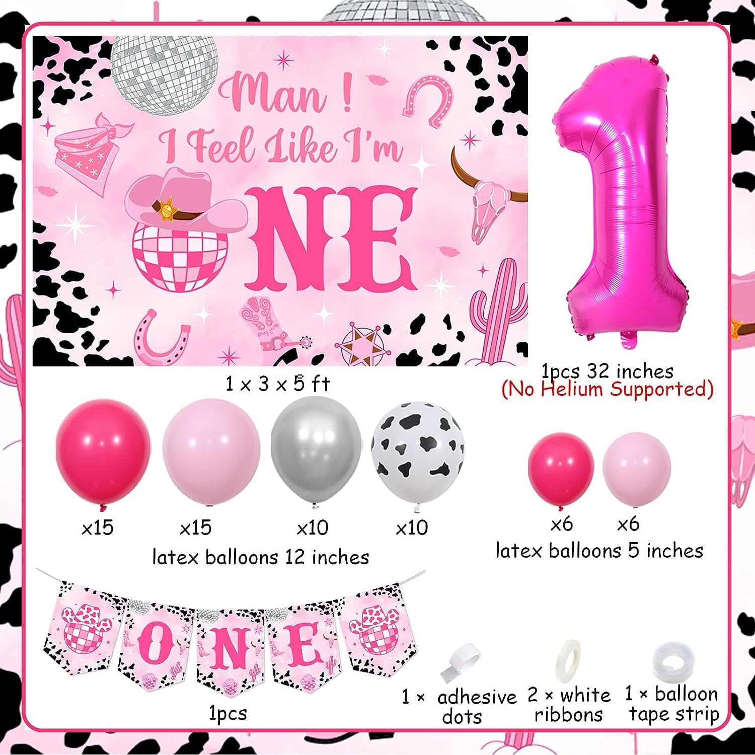 Disco Cowgirl 1st Birthday Decorations, Man I Feel Like I'M One Party Decorations Backdrop, Western Hot Pink Balloons Garland Arch Number 1 Foil Balloon One High Chair Banner for First Rodeo