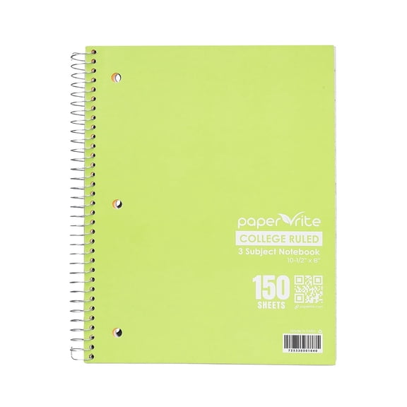 Paper Rite 3 Subject College Ruled Notebook | 150 Sheets | 10.5 x 8.5 in | Pastel Green