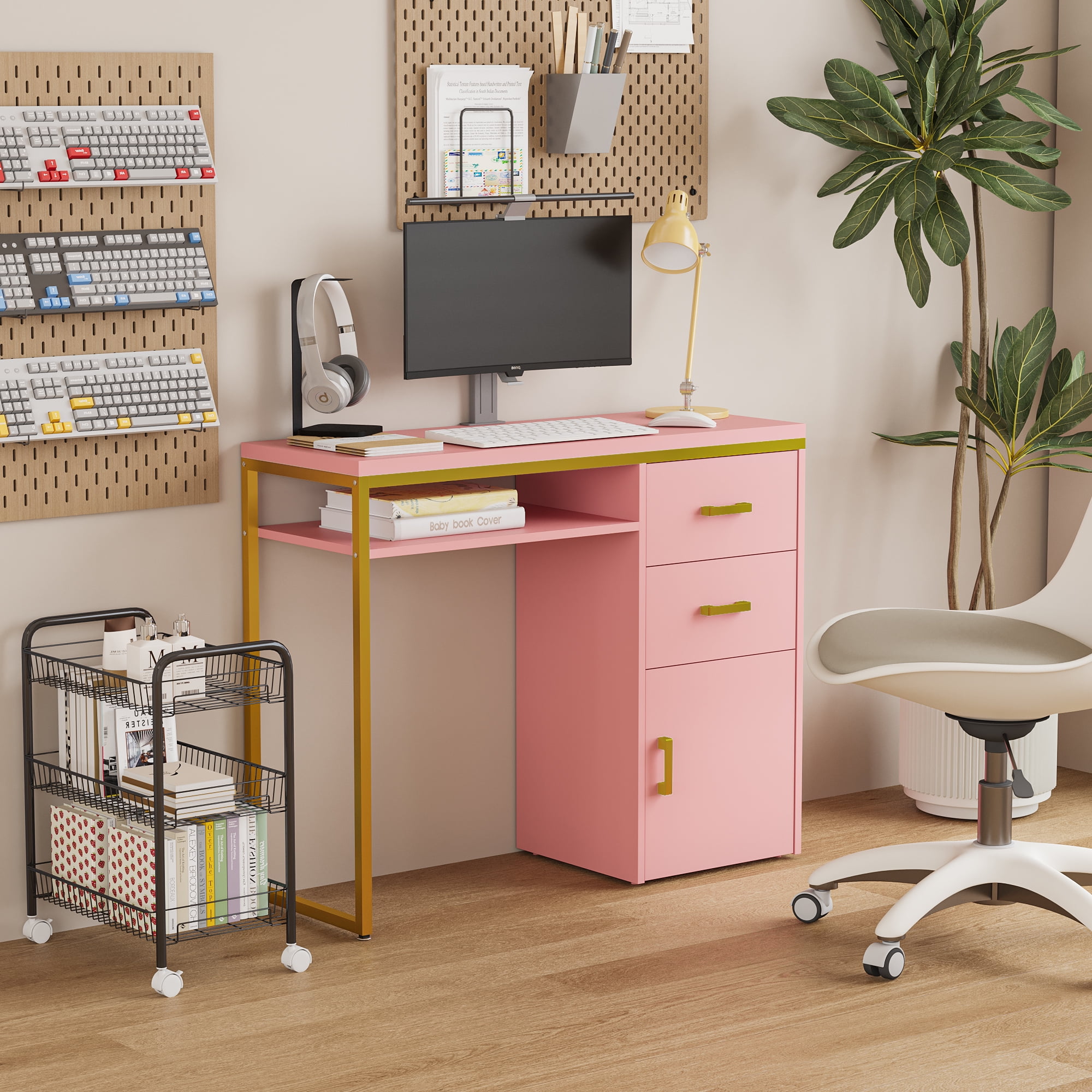 Ktaxon Salon Manicure Table Nail Desk for Nail Tech with Chipboard Top 2 Drawers Iron Frame, Pink