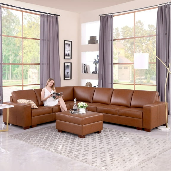 PonLiving Brown Leather Sectional Sofa L Shape 2 2 Pieces Living Room Couch Set with Ottoman Solid Wood Construction for Apartments Offices Homes 53x39x34 inches