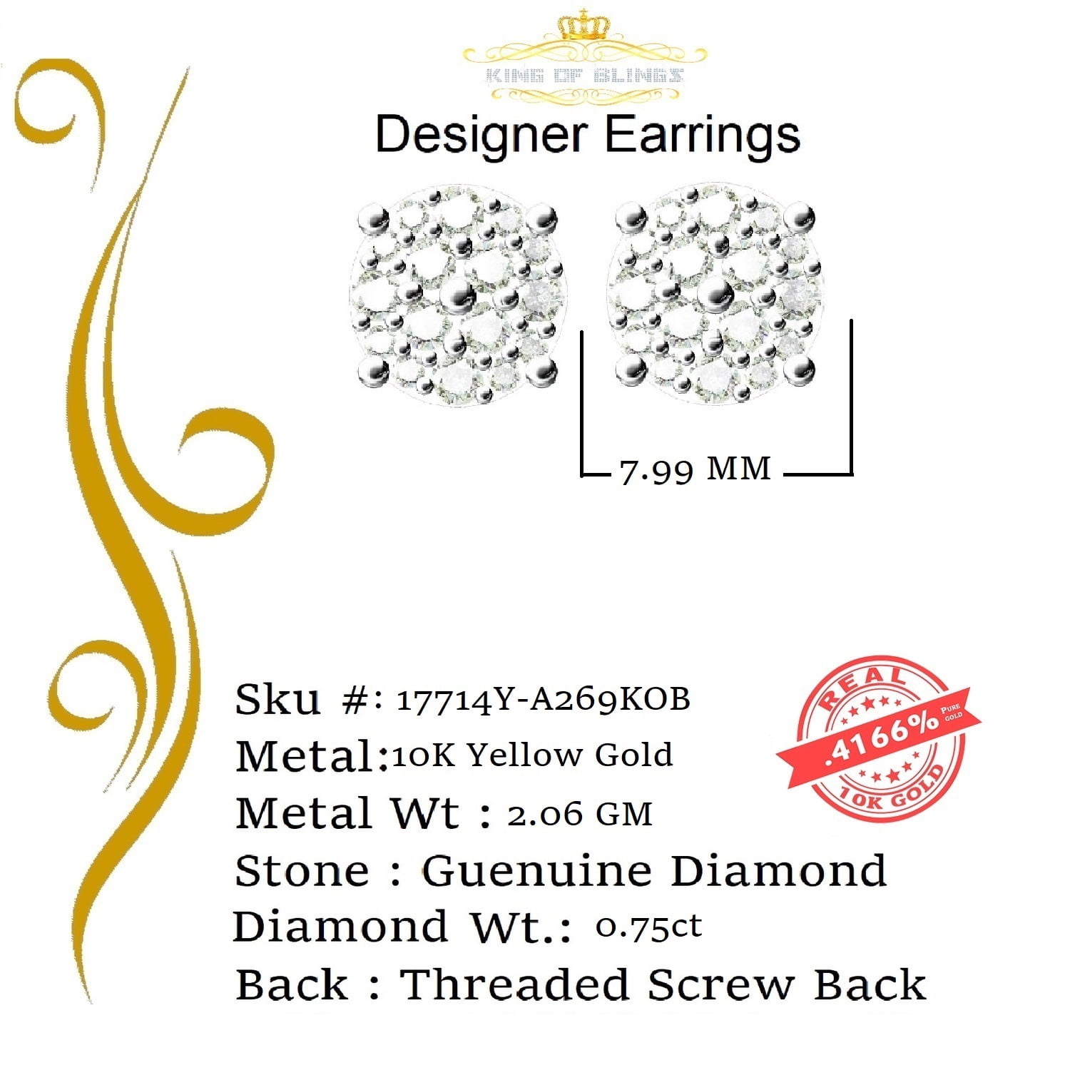 King of Bling's 10K Real Yellow Gold with 0.75CT Real Diamond Men's/Women's Stud Round Earrings
