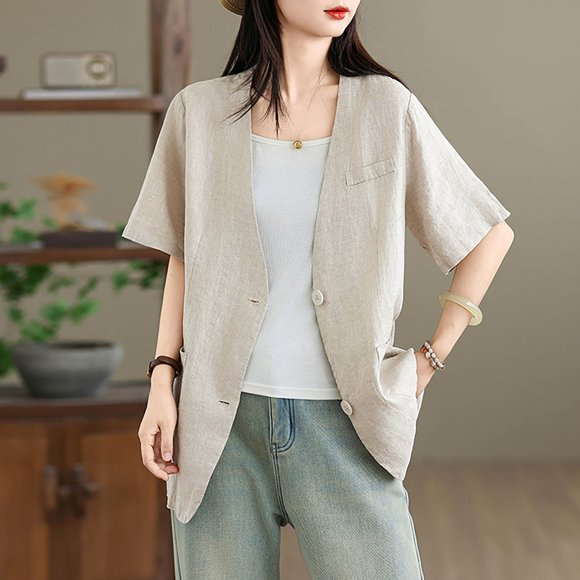 Soki Linen Blazer Collarless for Women Casual Short Sleeve Spring Summer Fall Blazer Jackets