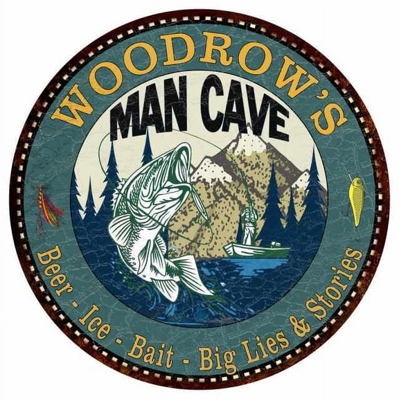 WOODROW'S Man Cave Fishing 14" Round Metal Sign Garage Bar Decor 100140004456