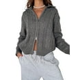 thumbnail image 2 of Women Trendy Collared Long Sleeve Zipper Front Cable Knit Cardigan Sweater Fall Oversized Coat Gray XL, 2 of 7