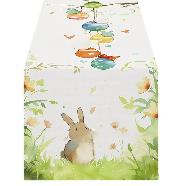Dsscvnef Chemin de Table de Pâques en Lin Imprimé Lapin Décoration de Table de Fête de Vacances à la Maison Nappe de Printemps Style Ferme