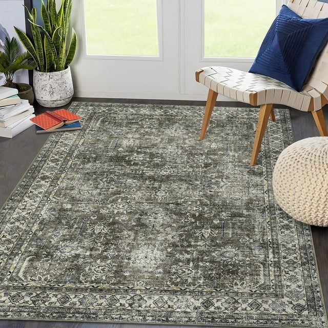 Aoile 5x7 Area Rug, Vintage Floral Washable Rug for Living Room, Non Slip Low Pile, Brownish Green