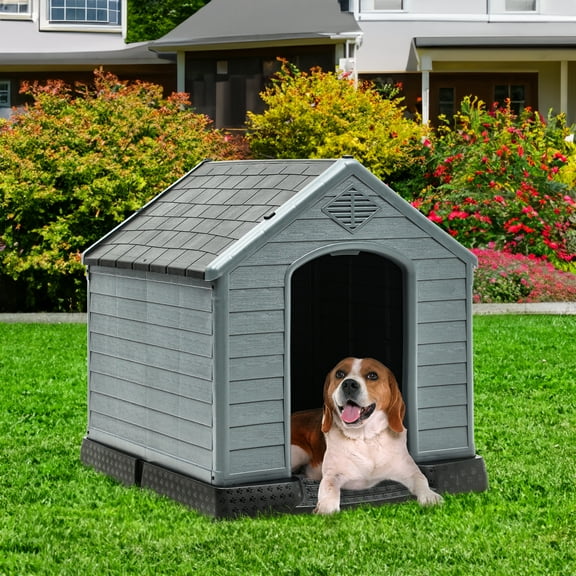 Dextrus Plastic Dog House Outdoor Indoor for Small Medium Large Dogs,Weatherproof Dog Houses with Elevated Floor and Air Vents,Durable Ventilate,34.5''L*31''W*32''H, Black&Grey