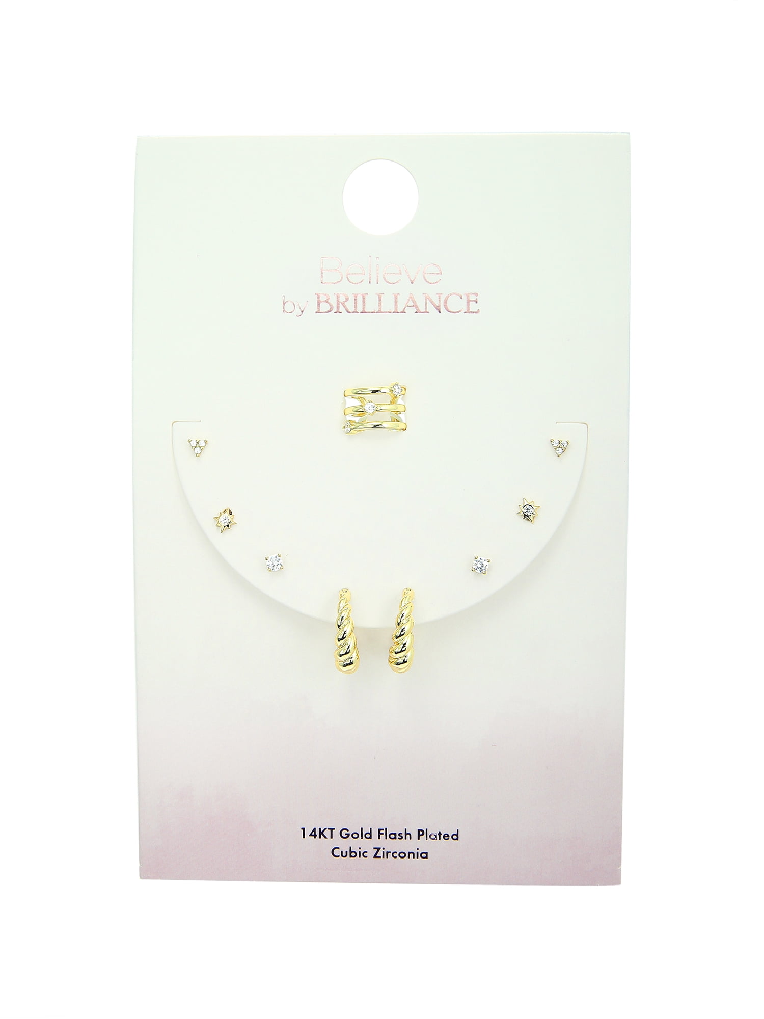 Believe by Brilliance Women's Four Pair Earring Set with Cuff in 14KT Gold Flash Plated Brass