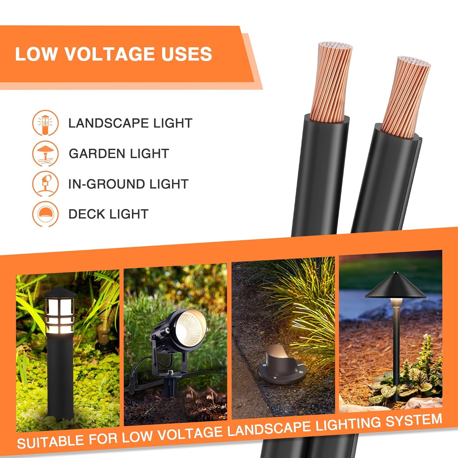 SUNVIE 100FT 12 Gauge Low Voltage Wire 12/2 for Landscape Lighting, Direct Burial Copper Wire
