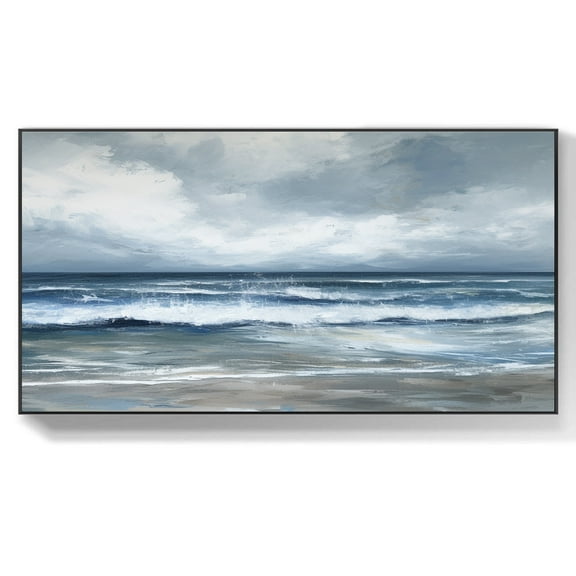 Large Blue Sea Abstract Landscape Painting Seascape Painting Custom Seascape Wall Art Blue and White Ocean Canvas Wall Art Blue Wall Decor,Unstretched,Frameless,(41*61cm)16*32Inches