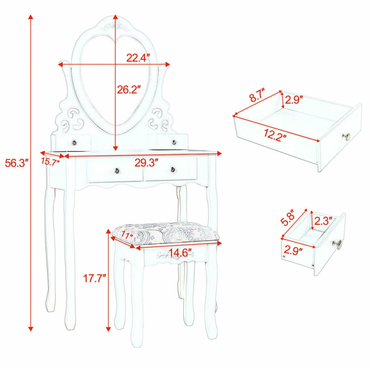 Lowestbest Makeup Vanity Set with Stool, Dressing Vanity Table Desk Set for Bedroom, Bathroom, Closet, Hallway, Makeup Table with Heart-Shaped Mirror and 4 Storage Drawers, White Lowestbest Makeup Vanity Set with Stool, Dressing Vanity Table Desk Set for Bedroom, Bathroom, Closet, Hallway, Makeup Table with Heart-Shaped Mirror and 4 Storage Drawers, White