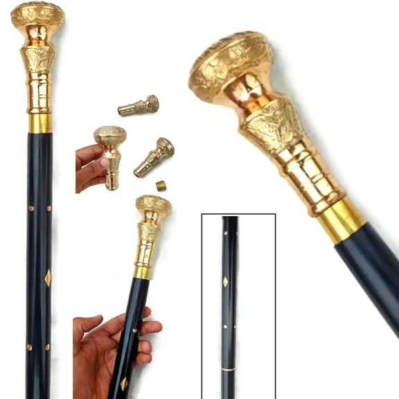 Vintage Black 3-Fold Walking Stick Cane with Brass Handle – Foldable Wooden Walking Cane for Men & Women