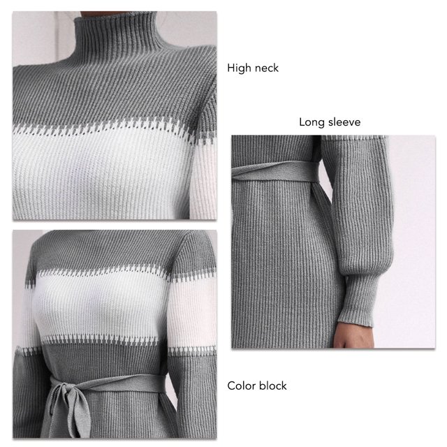 Knit Dress, Long Sleeve High Neck Fashionable Stylish Color Block Short Knit Dress For Office ANGGREK Gris M