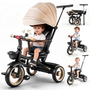JoyStone 7 in 1 Foldable Tricycle Stroller for Toddler, Baby Tricycle with Adjustable Canopy, Parent Handle, Removable Pedals, Seat Belt and Storage Basket, Kids Bike for Ages 1-6 Boys & Girls, Khaki