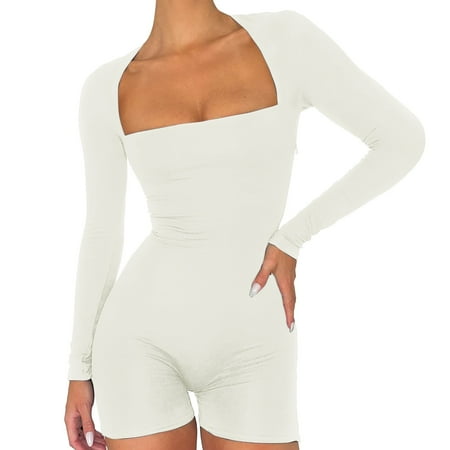 

Bodysuit For Women Casual Long Sleeve Long Sleeve V Neck Bodycon Shorts Stretchy Onesie Romper 90S E One Piece Jumpsuits For Women White L