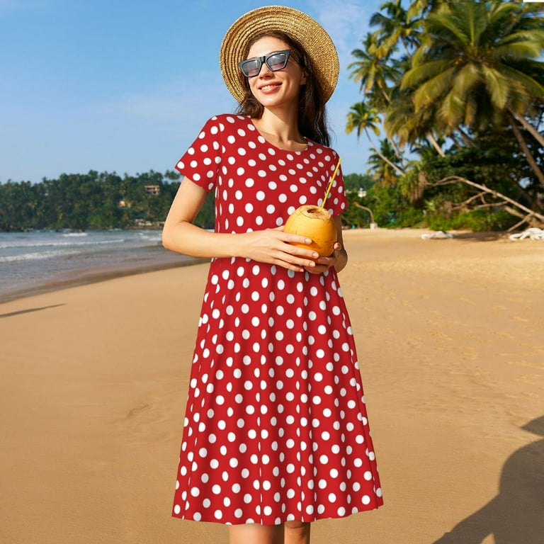 Ratiio Red Polka Dot Print Women's Short Sleeve Dress - Casual A-Line Dress  with Side Pockets, Elastic Waist, Comfortable and Breathable Summer Dress