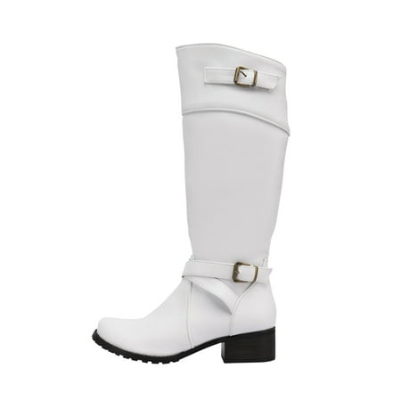 

Yoslce Thigh High Boots Women s Winter Boots With Belt Buckle Round Toe Low Heel Side Zipper Warm High Boots White 36