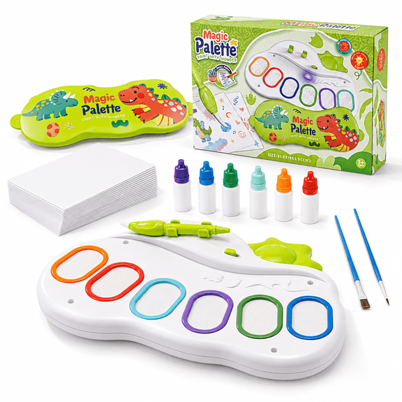 TRUELAY Color Reveal Painting Kit for Kids Ages 4 , Magic Art Palette Set with 6 Color Bottles, 20 Special Paper Sheets, Water Brush Pen, 2 Paintbrushes and Dinosaur Storage Case