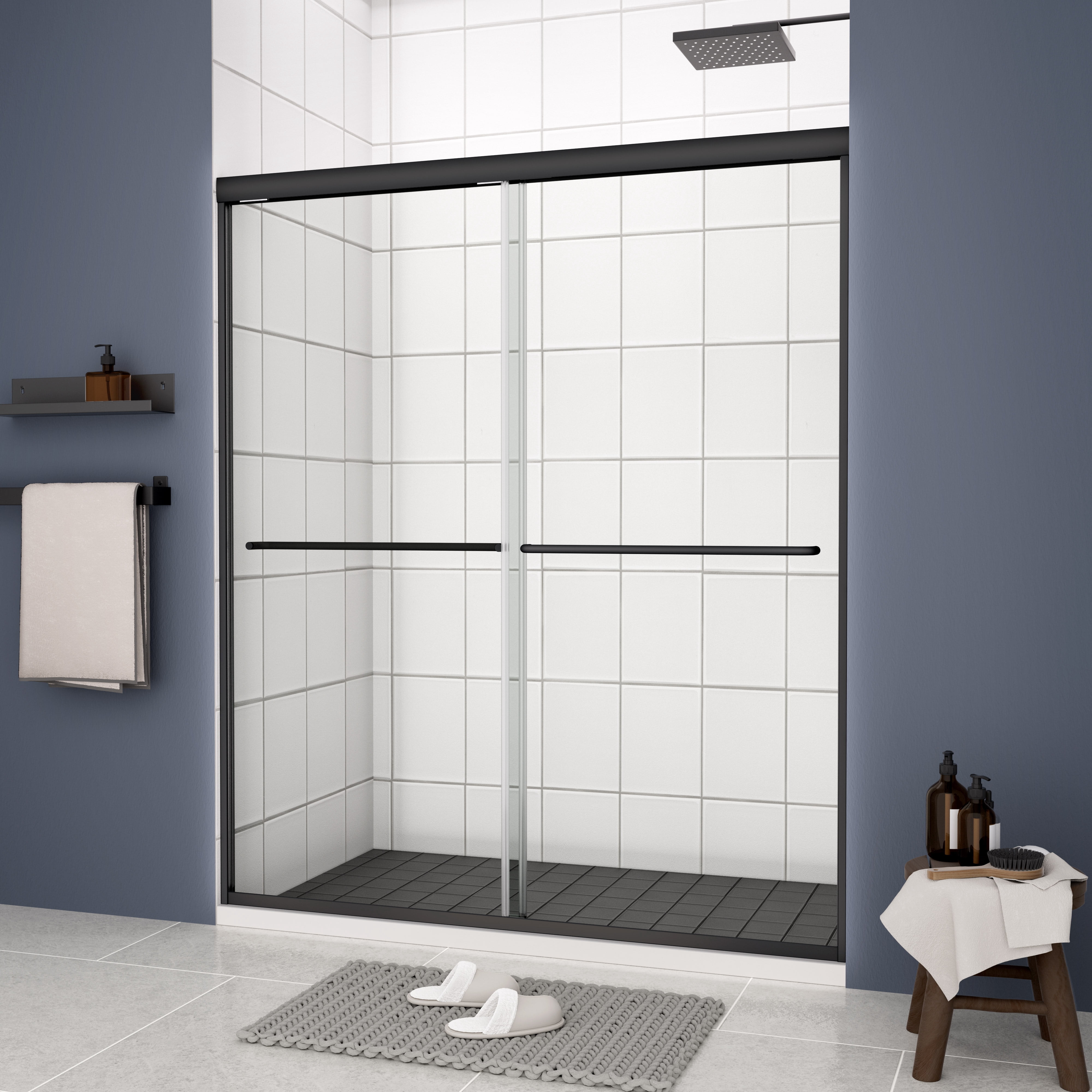 MAYEERTY 50-54"W x 70"H Double Sliding Shower Bypass Door, Tempered Glass & Stainless Steel Handle, Matte Black