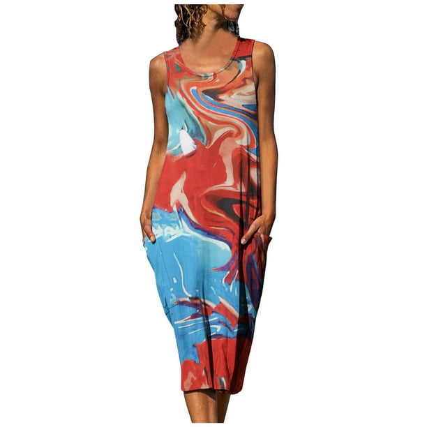 Vestido a media pierna sin mangas con estampado floral suelto casual de cuello redondo de verano para mujer Fridja hj169