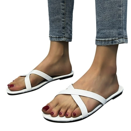 

ZIZOCWA Solid Color Flat Slippers Summer Comfortable Breathable Beach Slides Shoes Square Head Non Slip Sandals for Women Strap White Size6.5