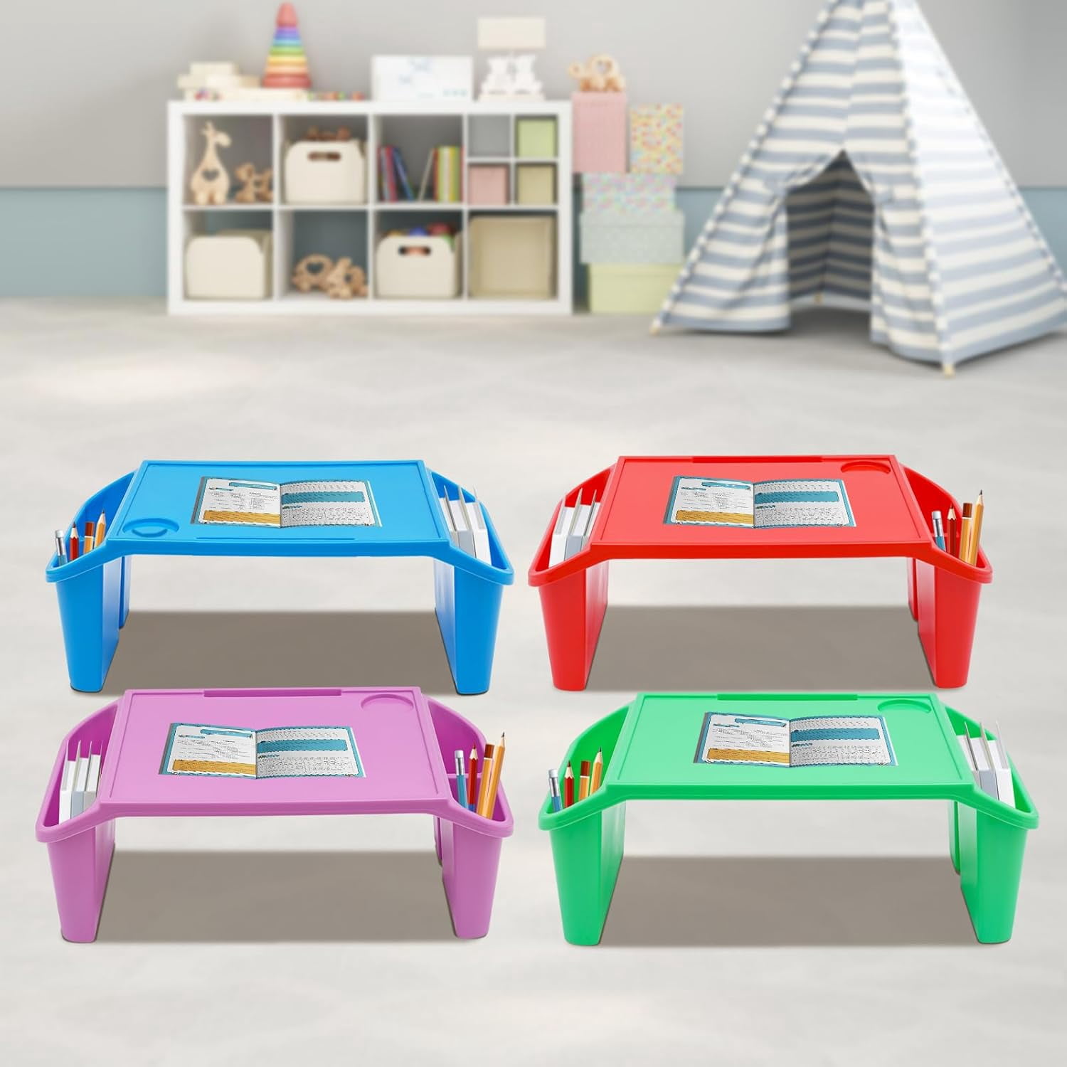 Miumaeov Lap Desk Tray with Storage Plastic Breakfast Laptop Trays with Side Pockets and Slot Portable Lap Bed Table for Writing Eating Game