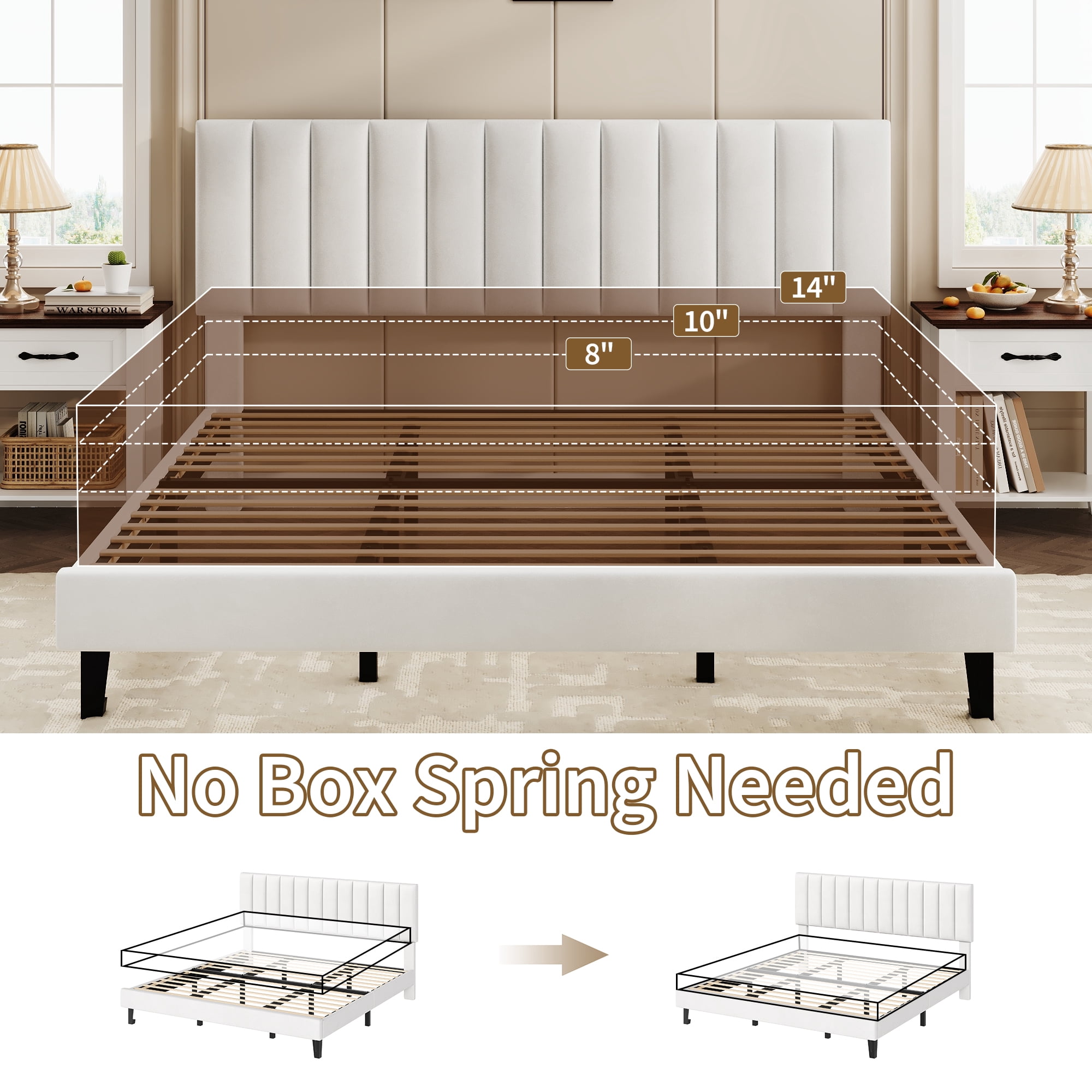 King  Bed Frame with Adjustable Headboard, Velvet Upholstered Platform Bed Frame King Size, Strong Wooden Slats, No Box Spring Needed, Easy Assembly, White