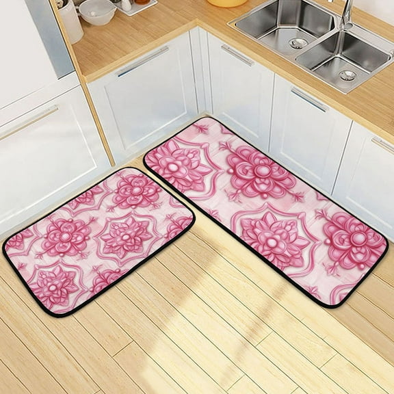 Pink Floral Design Decoration Kitchen Mat Set of 2 Cushioned Non Slip Rugs for Bedroom Floor Runner Mats