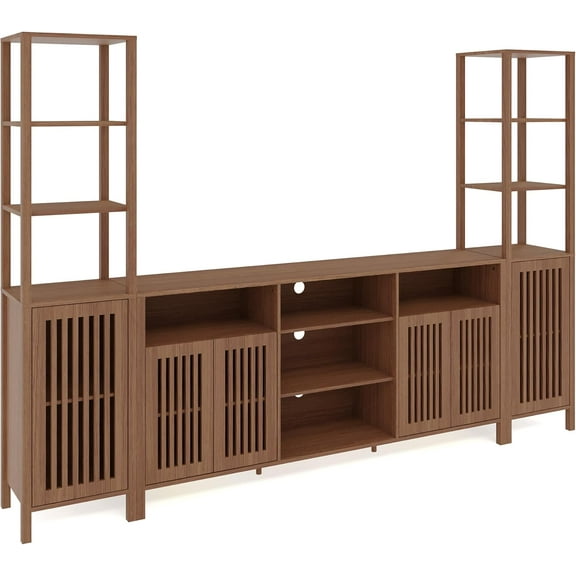 LIZHOUMIL 3-Piece Farmhouse TV Stand for 70" TVs, Rustic Walnut/White/Natural Finish