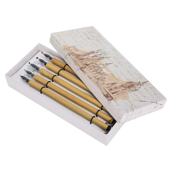 Bamboo -Qalam Pens, 5PCS Calligraphy Dip Pen, Vintage Handcrafted Pens (Round Nib Set)