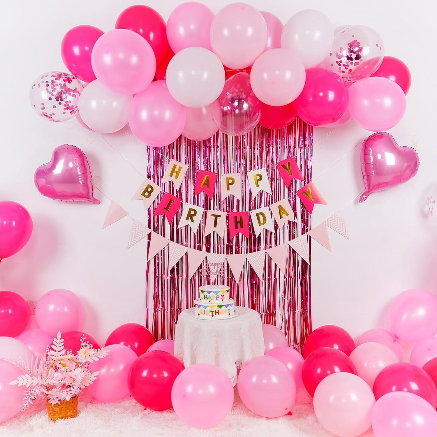 Hot Pink Birthday Decorations for Girls,Happy Birthday Banner Party Decoration Fringe Curtain Heart Foil Balloons for Women Party Decorations