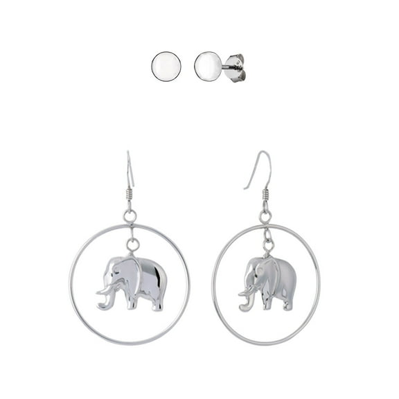 Sterling Silver Lucky Elephant Drop Earrings and Stud Earrings Set