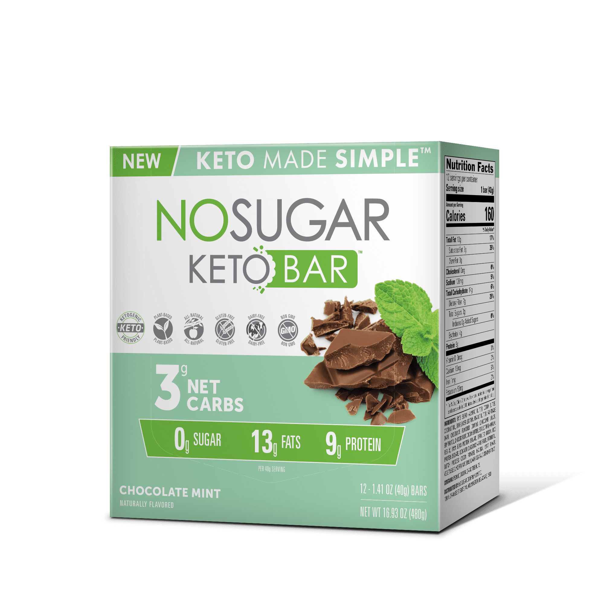 No Sugar Keto Bar, Chocolate Mint, 12 Count