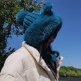 thumbnail image 6 of LINASHI Warm Cat Ear Hat Women Winter Cute Cat Ears Plush Hat Solid Color Ear Protection Knitting Hat Lace-up Keep Warm Headgear, 6 of 8