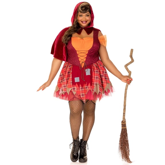 Leg Avenue Women's 2 Pc Salem Sweetie Costume with Lace Up Patchwork Peasant Dress, Collared Caplet w/ Pointed Hood