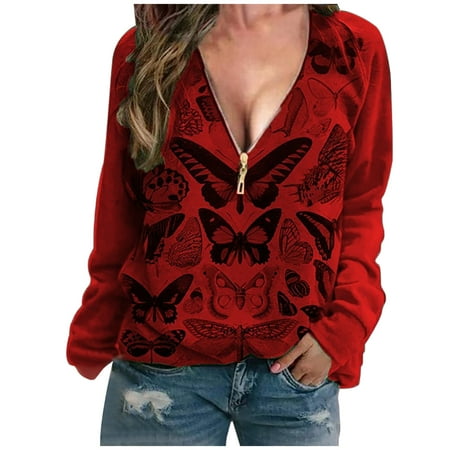 

Women Casual V-neck Butterfly Print Zip Long Sleeve T-Shirt Top