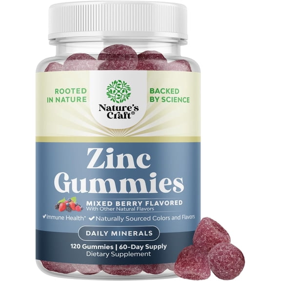 Natures Craft Extra Strength Zinc Gummies, Energy and Immune Support Supplement, 120 Count