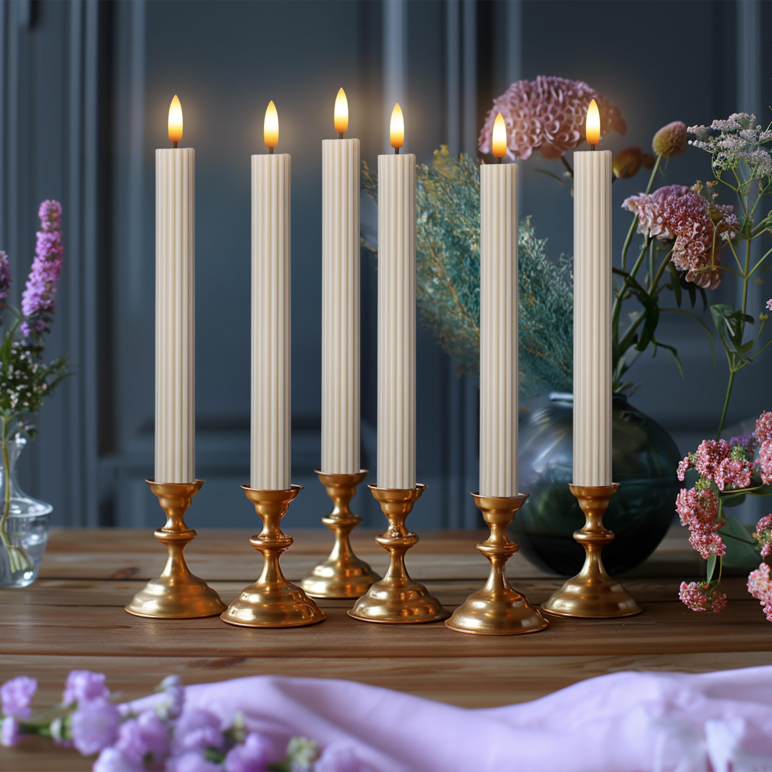WYZworks 10" Fluted Ribbed LED Cream Beige Grooved Pillar Candles, Remote & 24h Timer Memory, On/Off Switch - Flameless Dimmable Battery Operated w/Flicker Mode, Home Wedding Decor (6 Pack)
