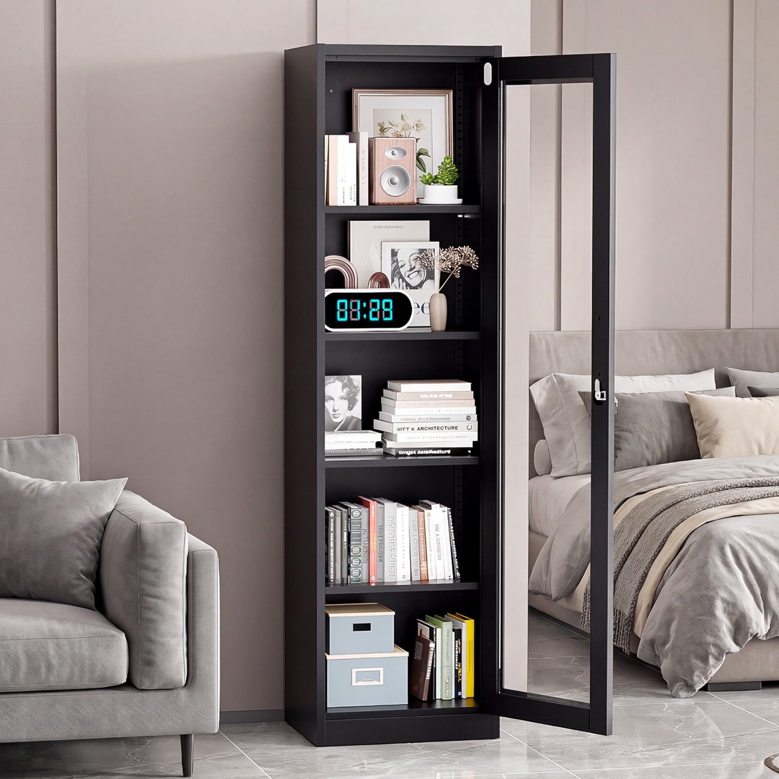 Ktaxon 65" Glass Door Steel Display Cabinet with Lock, Adjustable Shelves, Tall Narrow Storage Cupboard, LED-Ready, Black