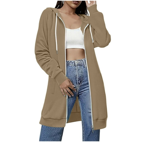 Hjlmsx Long Hoodies for Women Zip Up Fleece Oversized Tunic Sweatshirts Fall Lightweight Jackets Outwear Casual Coats with Pockets Khaki XXL