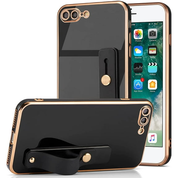 Case for iPhone 7 Plus iPhone 8 Plus, Soft Silicone TPU Slim Case Electroplated Case Shockproof Phone Case with Wristband Kickstand Phone Loop Finger Holder Strap-Black