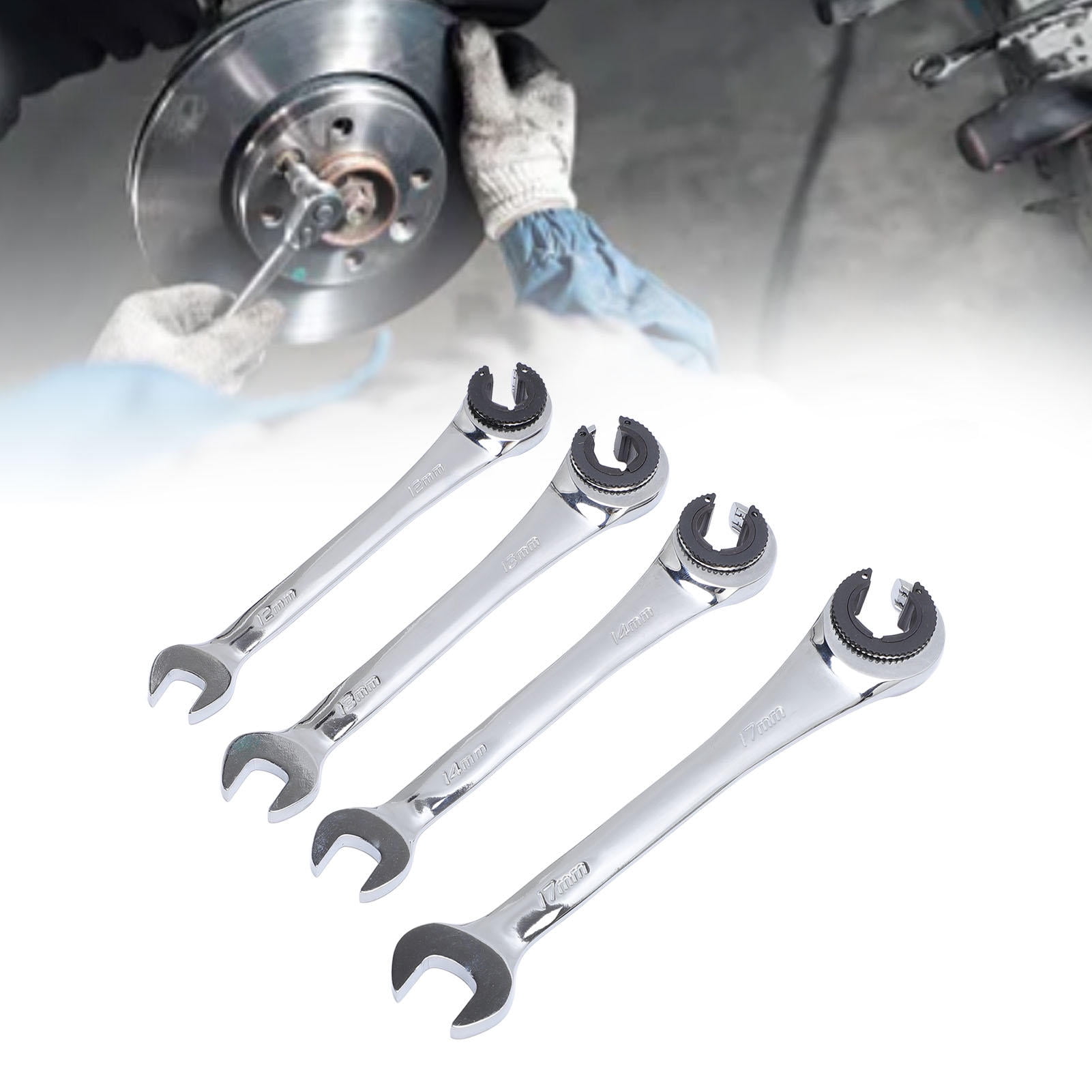 Yajisi 4Pcs Ratcheting Wrench Set, 10-17mm Metric Open Flex Head Adjustable Wrench for Fuel Brake Air Conditioning Lines Nuts, 7.9x3.9x0.8 Inches