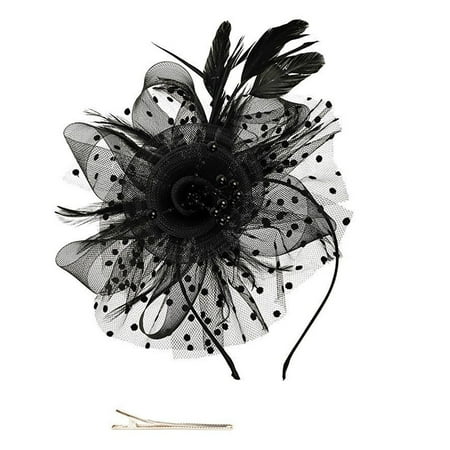 Flower Feather Bead Corsage Hair Clips Fascinator Hairband and Pin Black
