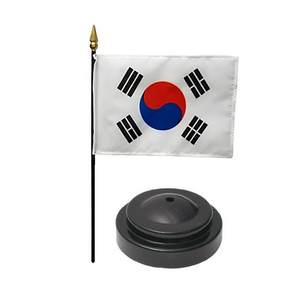 South Korea Desk Flag with Base; American Made Rayon 4x6 inch Miniature Table Set Includes One Small Mini Country Stick Flags and One Black Stand (South Korea Desk Flag and Base)
